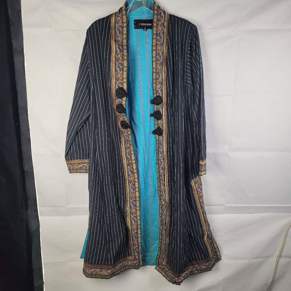Vintage J Peterman Moroccan Aztec Indian Coat Gray w/ Gold Detailing Sz 14